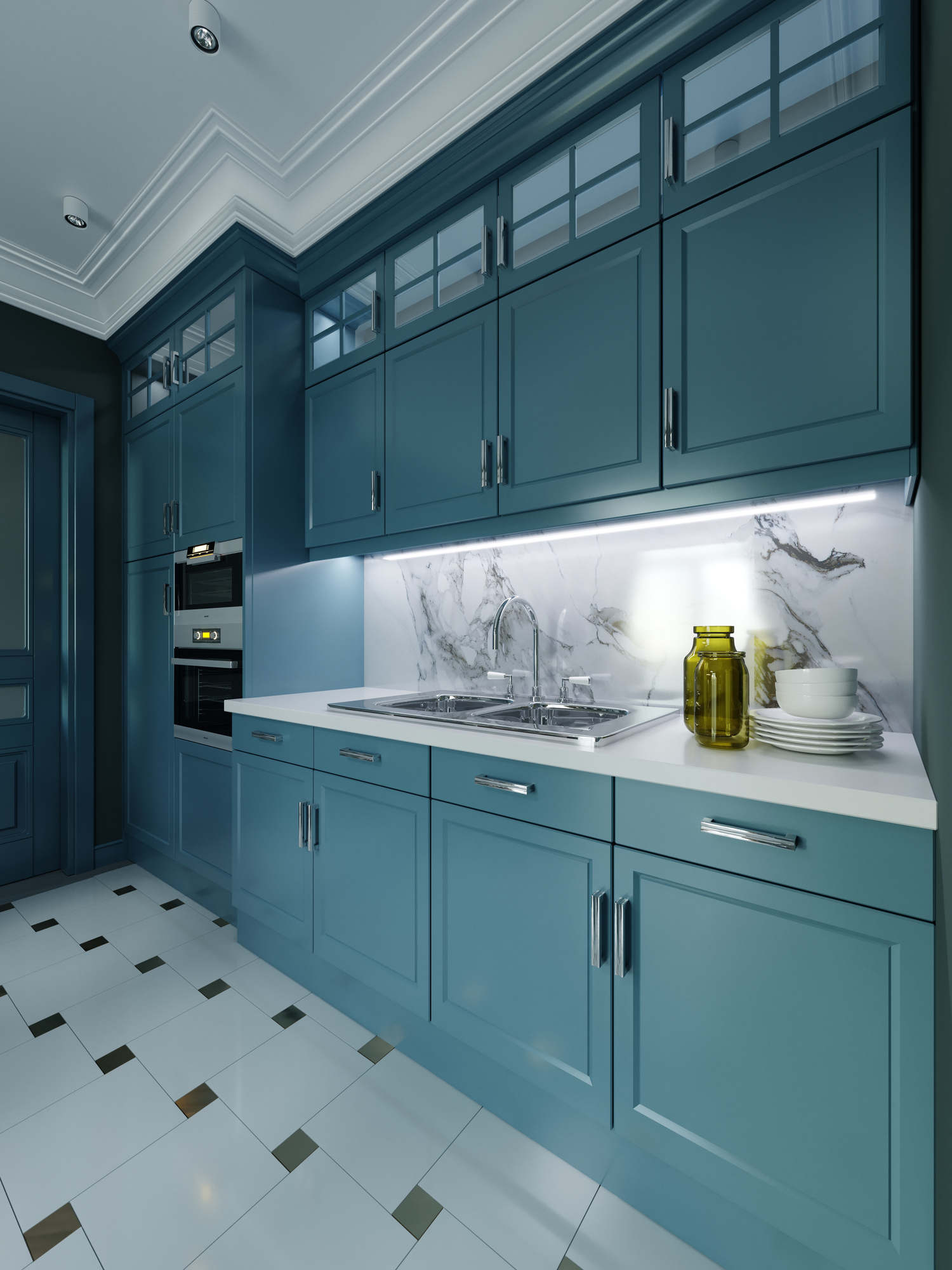 Modern kitchen furniture, dark turquoise color. Provence kitchen interior in fashionable design, faded coral, green color. Kitchen Cabinet Painting Near Philadelphia PA